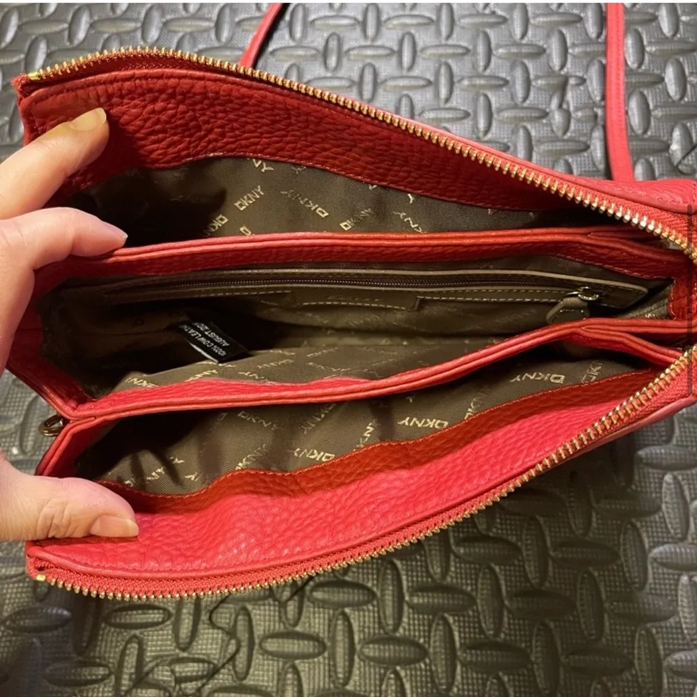 DKNY Crossbody Bag  Handbag Genuine Leather Zipped Red Classic Statement - Picture 5 of 11